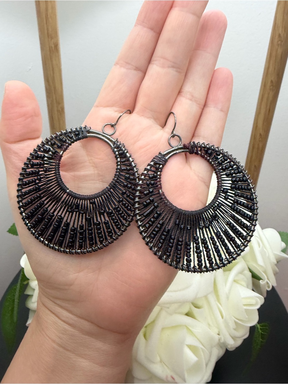 Handcrafted Black Beaded Hoop Earrings